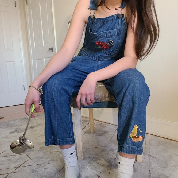 Vintage Mandal Bay Denim Overalls Womens L Hot Dog Embroidered Romper Cropped - Picture 2 of 11